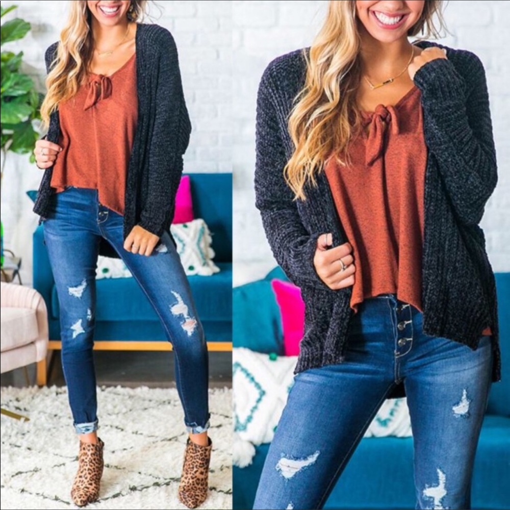Black Soft Chenille Cardigan Sweater